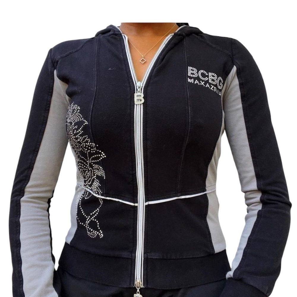 BCBG Max Azria Bling Rhinestone Black & Silver Y2K Hoodie - Size S